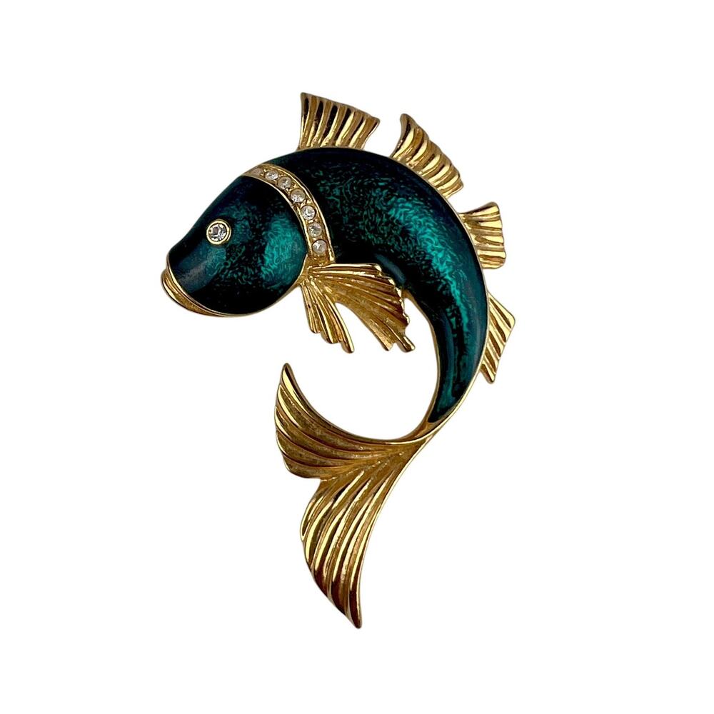 SAL Swarovski Vintage Gold Tone Green Enamel Fish Brooch Clear Crystals